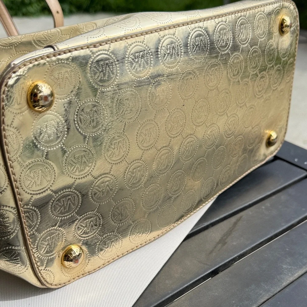 Michael Kors Gold Metallic Embossed MK Tote with Tan Handles - Picture 7 of 13